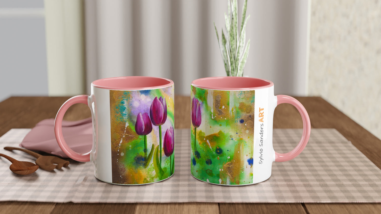 Beautiful Ceramic Mugs printed with Abstract Floral painting designs and coloured handle and inside