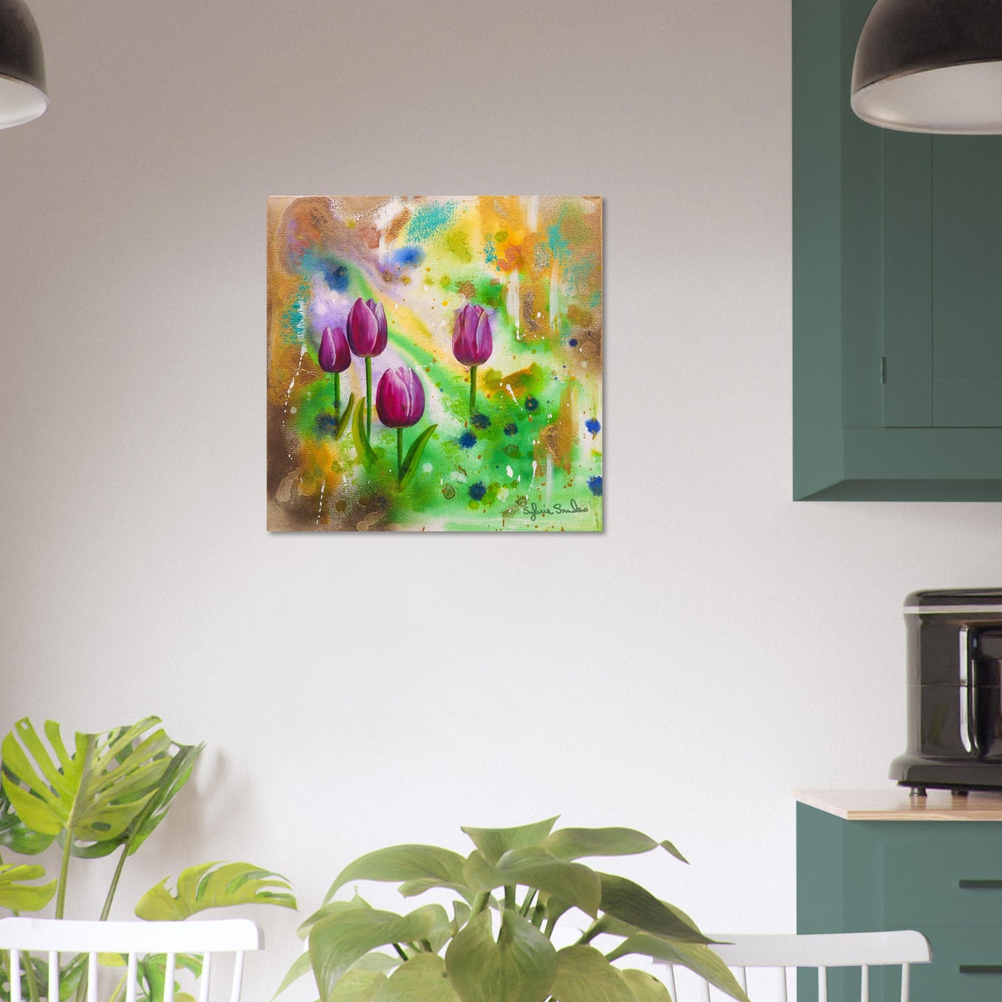 Pink Tulips Aluminium Print Hanging on Kitchen Wall