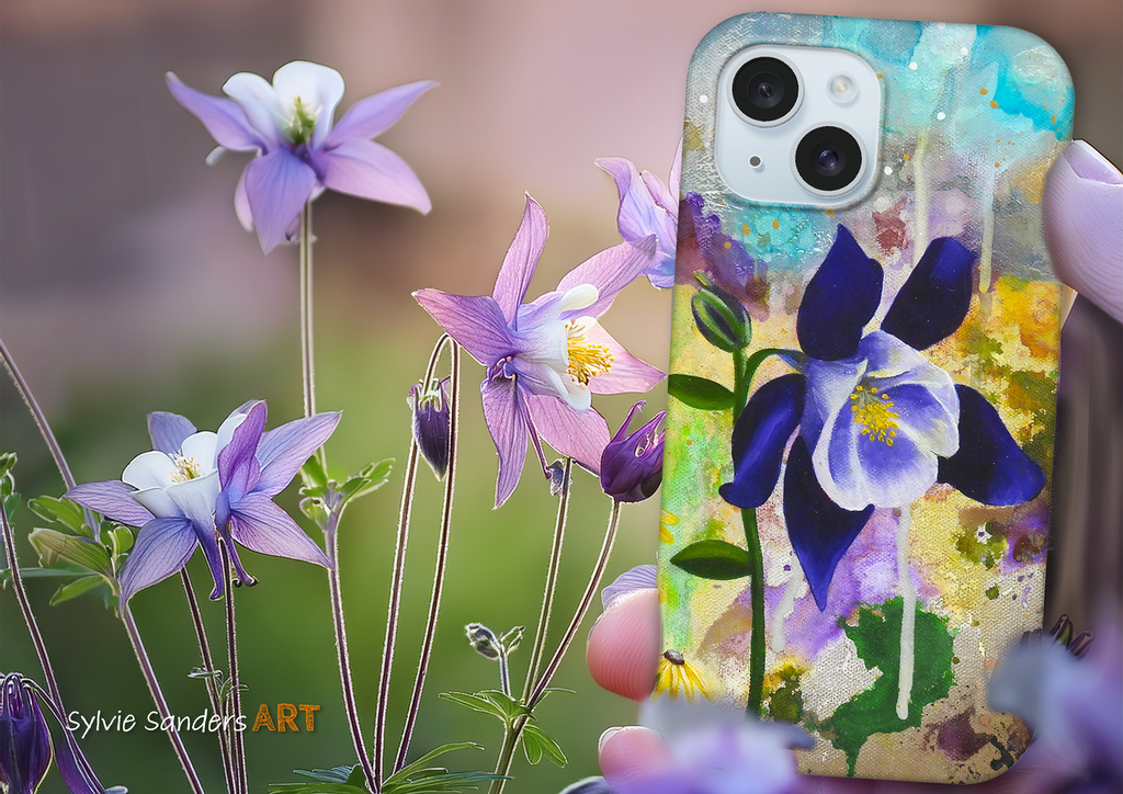 Phone case with floral design held in front of real flowers