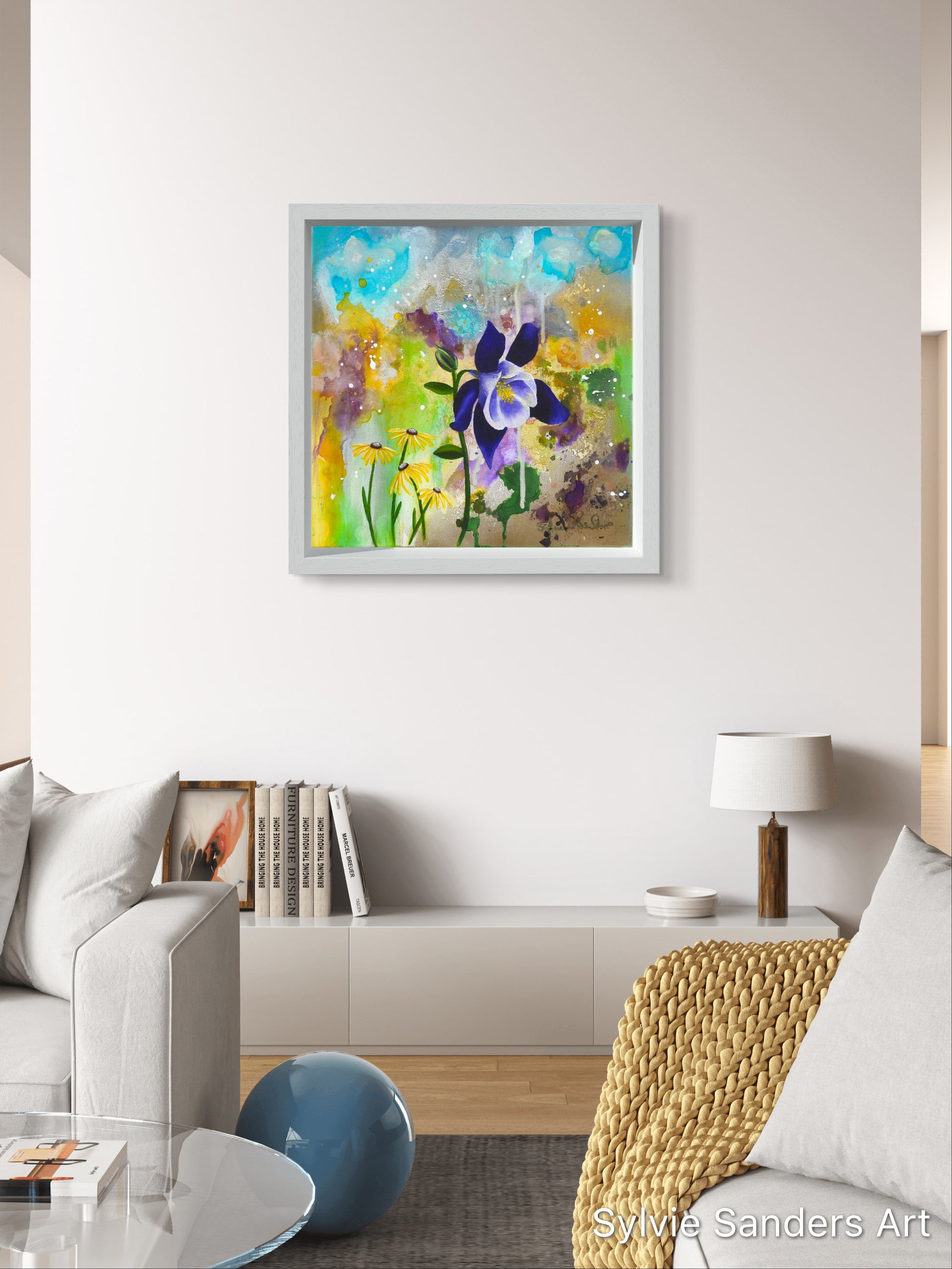 Framed Columbine Abstract Floral Painting Hung in Lounge