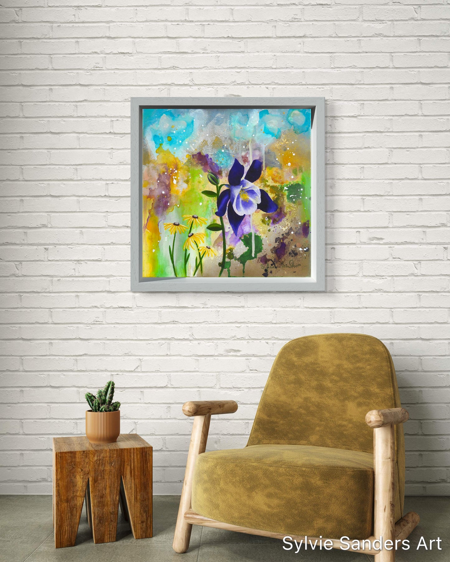 Abstract Floral Columbine  Painting hung by lounging chair