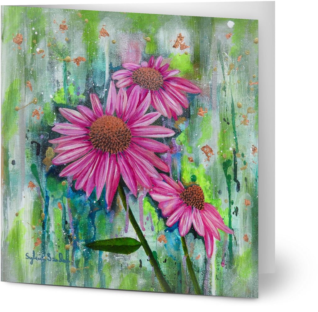 A greeting card featuring a vibrant, abstract representation of pink echinacea flowers with a background splash of blue, green, and orange colors.