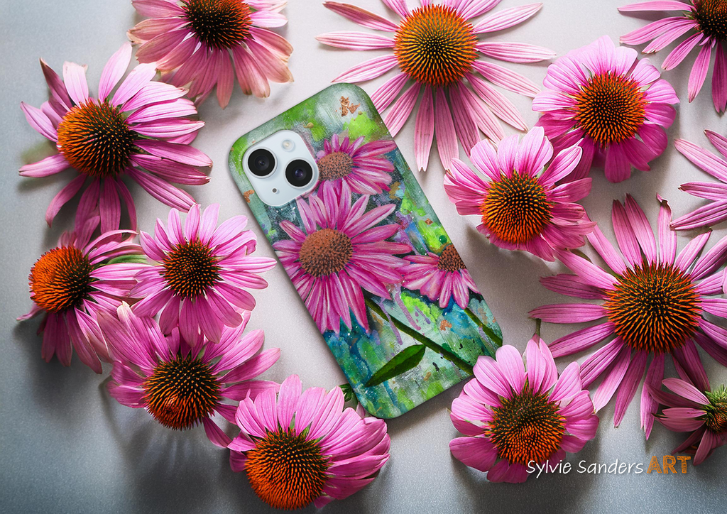 Phone case with floral design surrounded by pink flowers on a light background