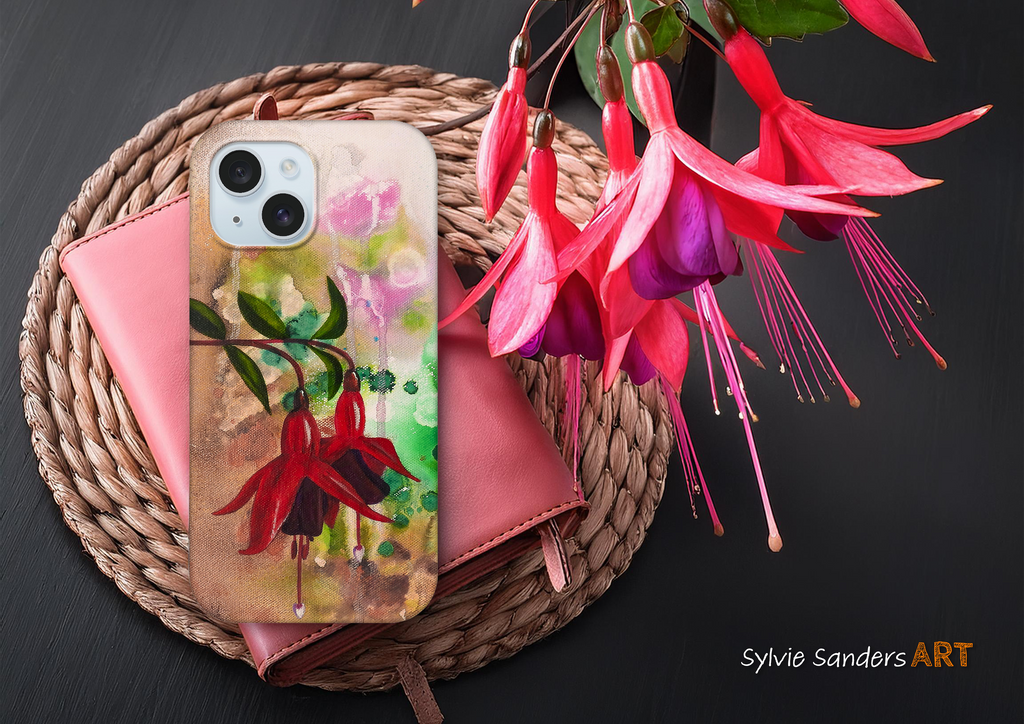 Phone case with floral design on a woven mat with pink flowers