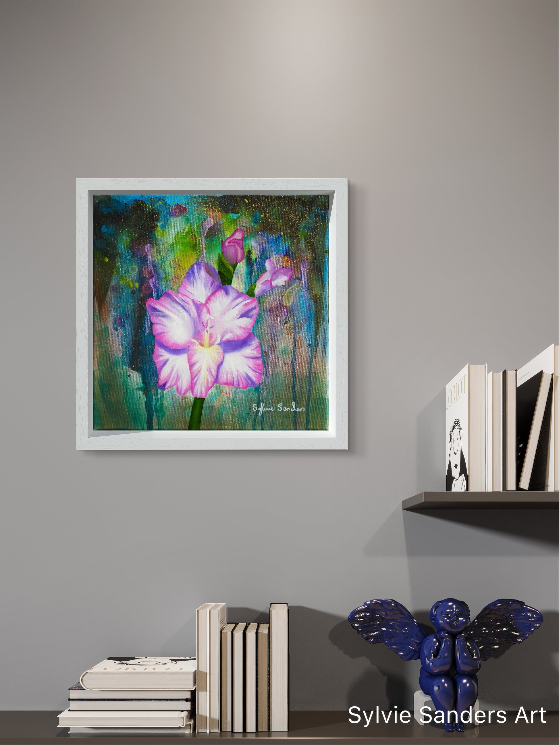 Original Mixed Media Floral Abstract Gladioli Symphony Painting Hanging in the Study