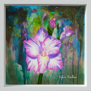 Framed in a White Wooden Frame Gladioli Symphony Mixed Media Painting