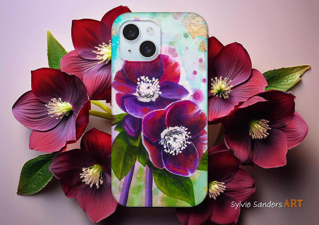 Phone case with floral design surrounded by flowers on a light purple background