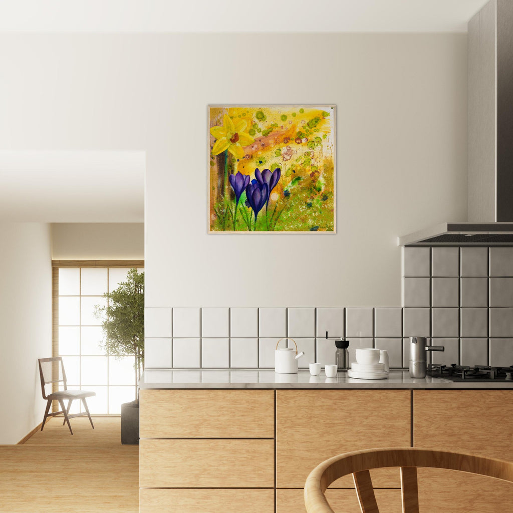 Large floral framed print Spring Flowers, hanging on the kitchen wall.