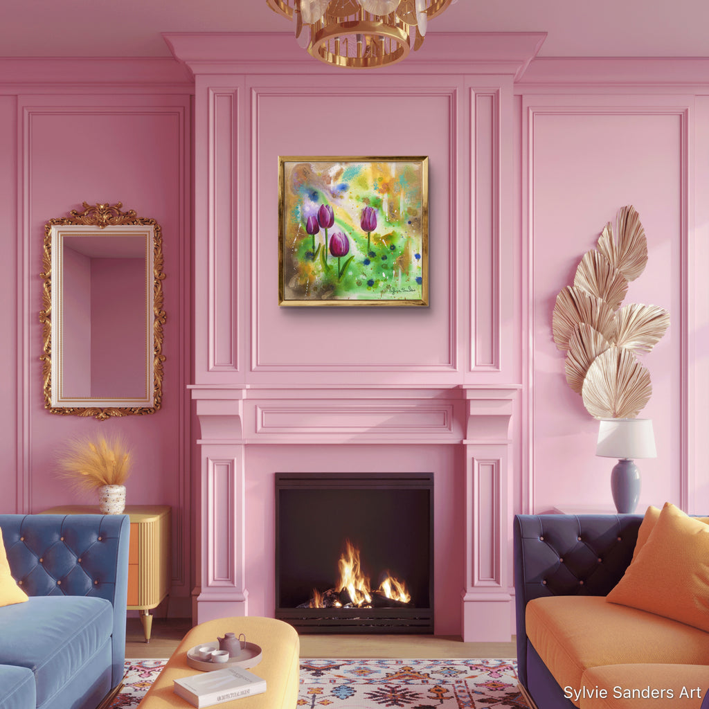 Pink Tulips Print Framed in Gold Hanging in a Pink Room