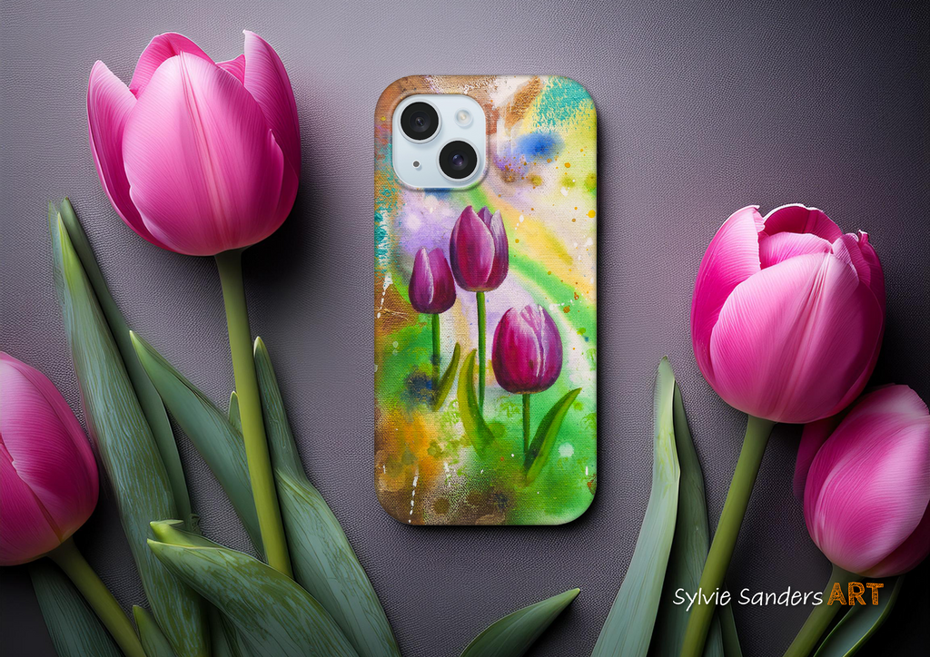 Phone case with floral design surrounded by pink tulips on a gray background