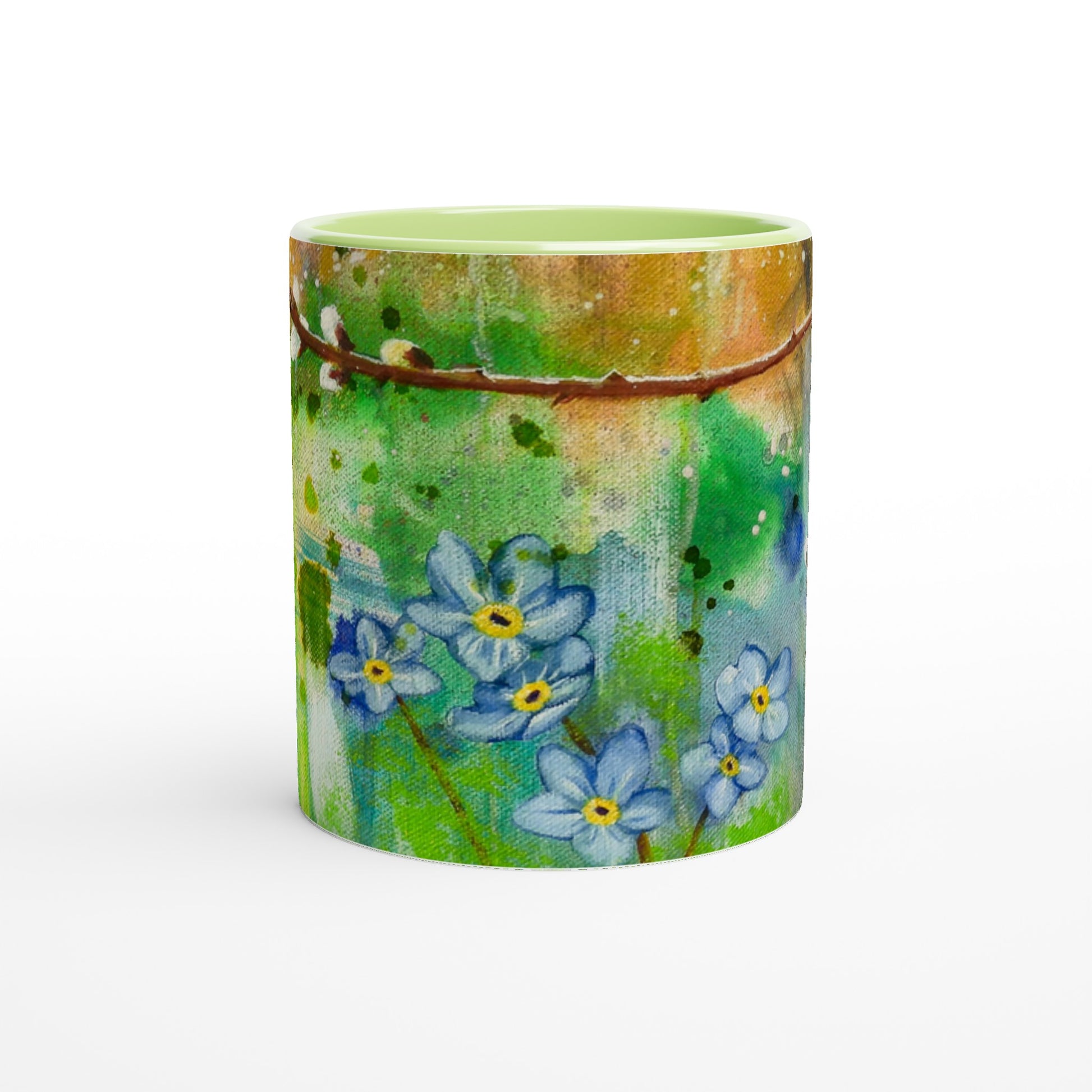 Ceramic mug with Green interior and handle printed with Pussy Willow Forget Me Not Image of Painting