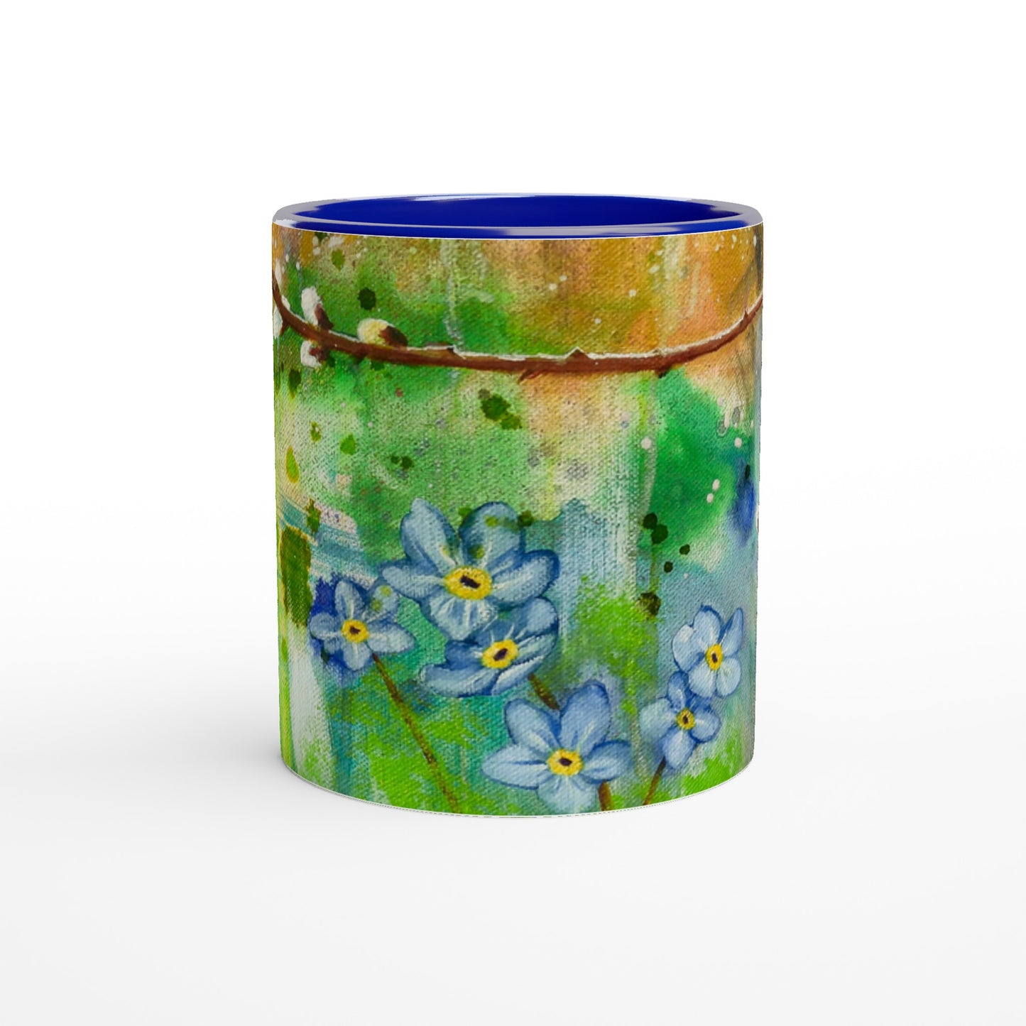 Printed Mug with Pussy Willow Forget Me Not Painting Image and Dark Blue handle and interior