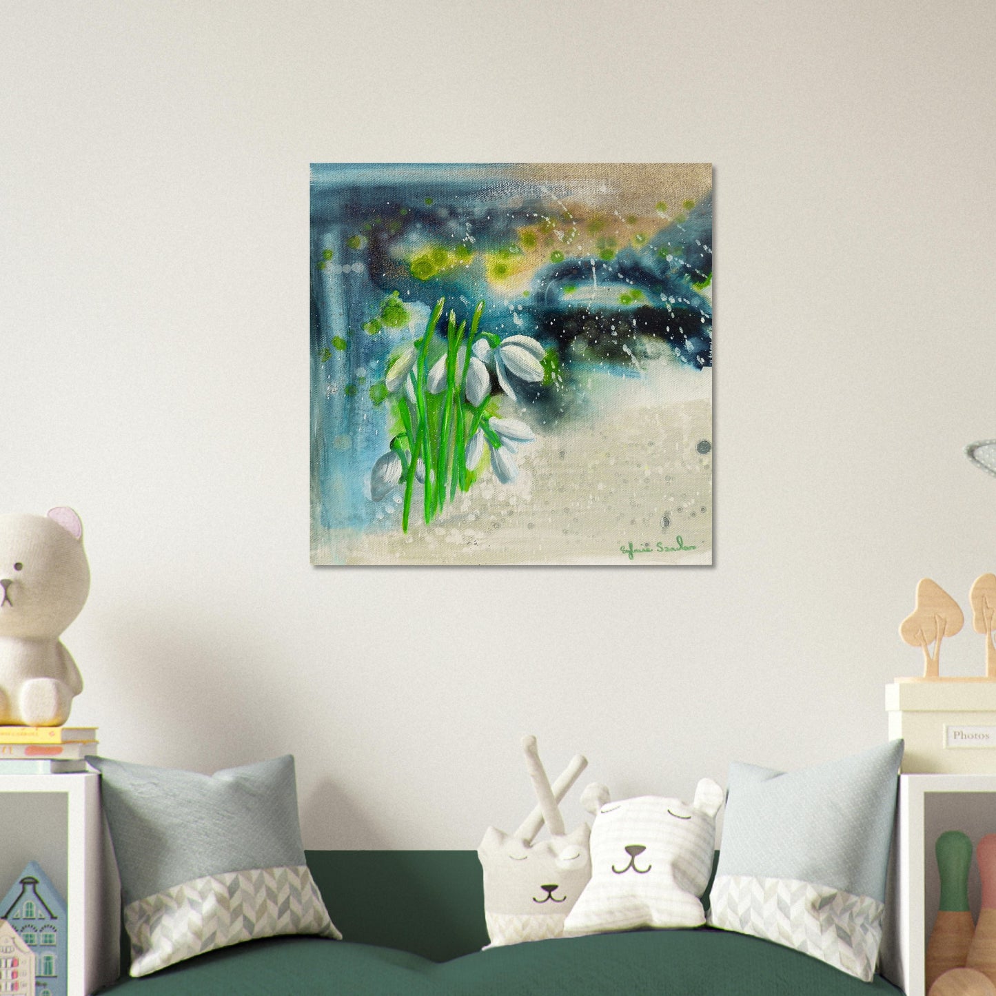 Snowdrops Aluminium Print Hanging in Bedroom