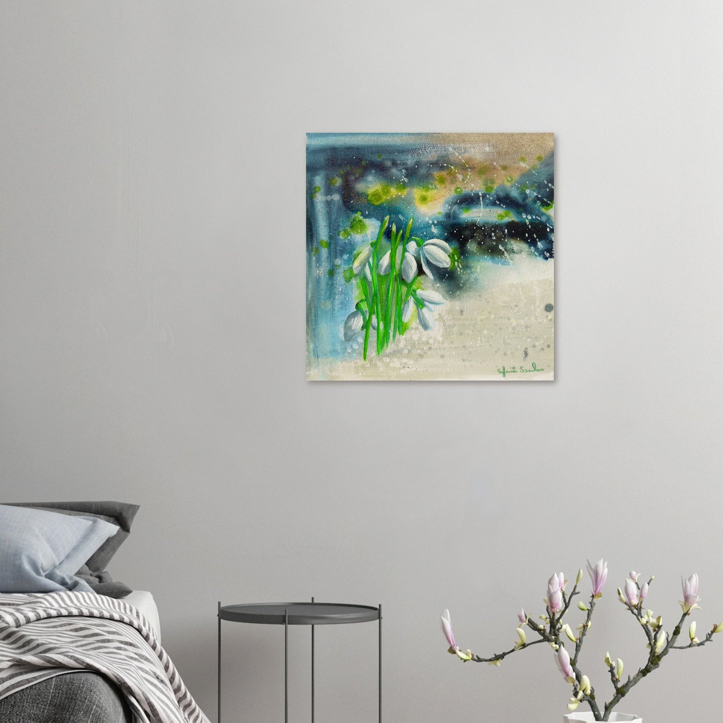  Snowdrops Aluminium Print Hanging in Bedroom two