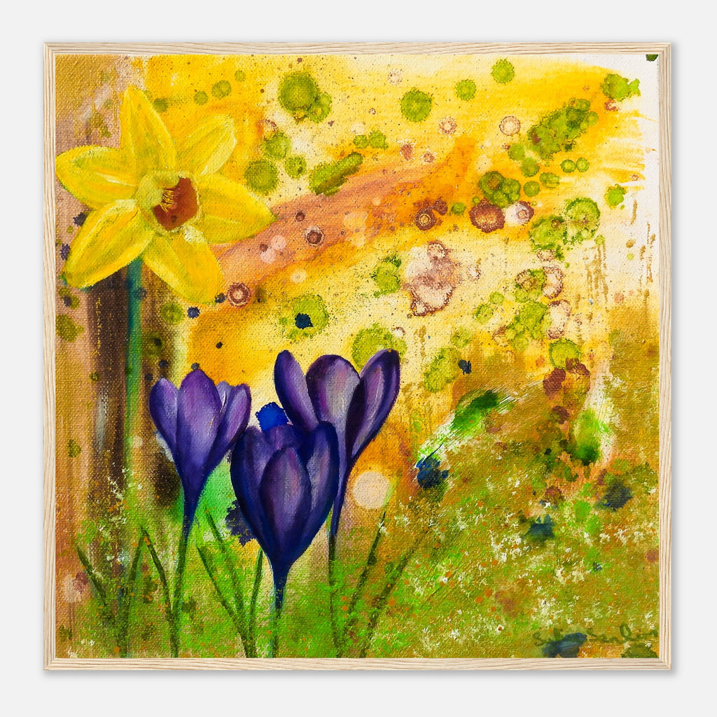 Yellow daffodils and purple crocus spring flower painting
