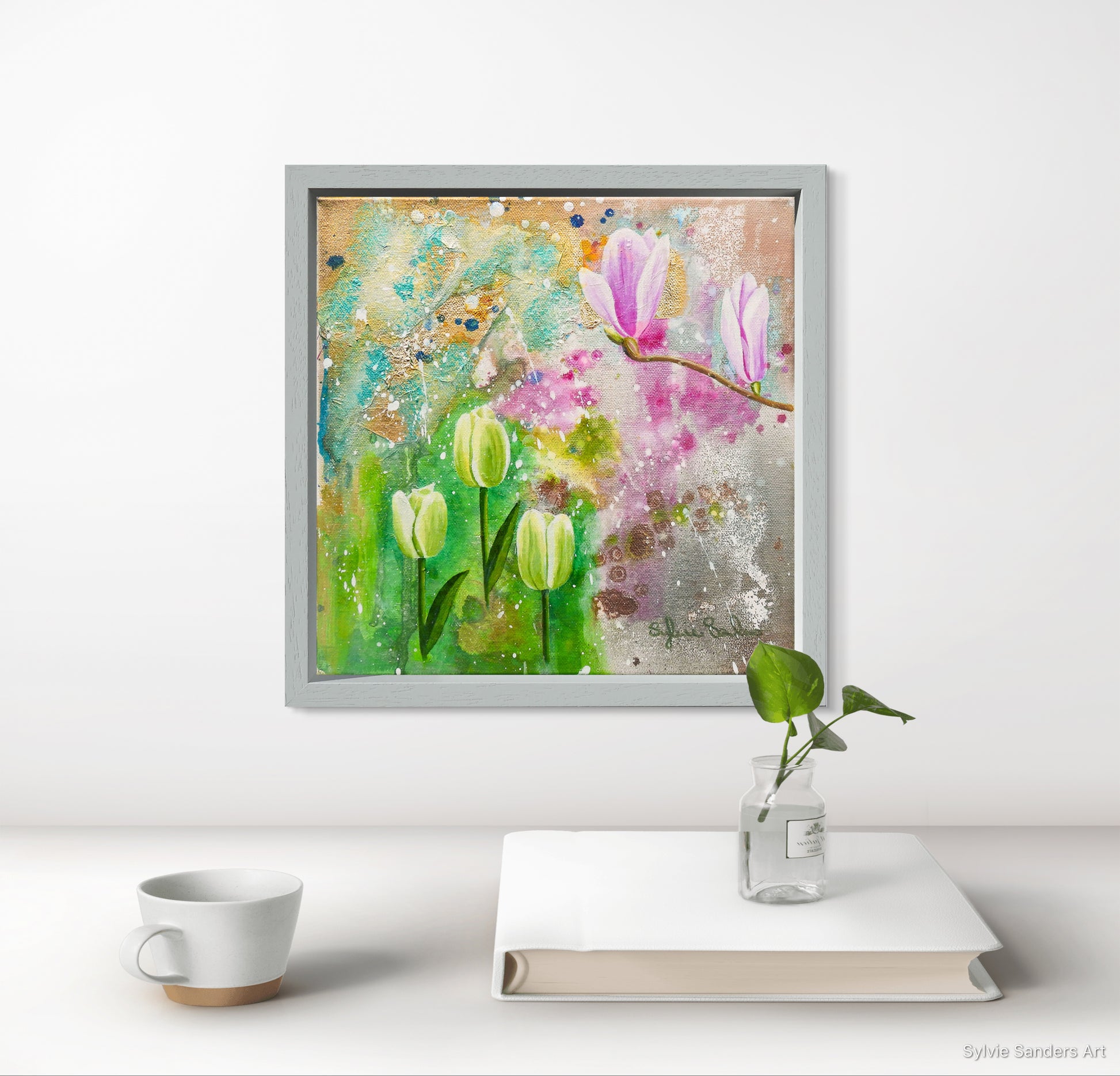 Framed Spring Green Tulip Painting in Desk Setting