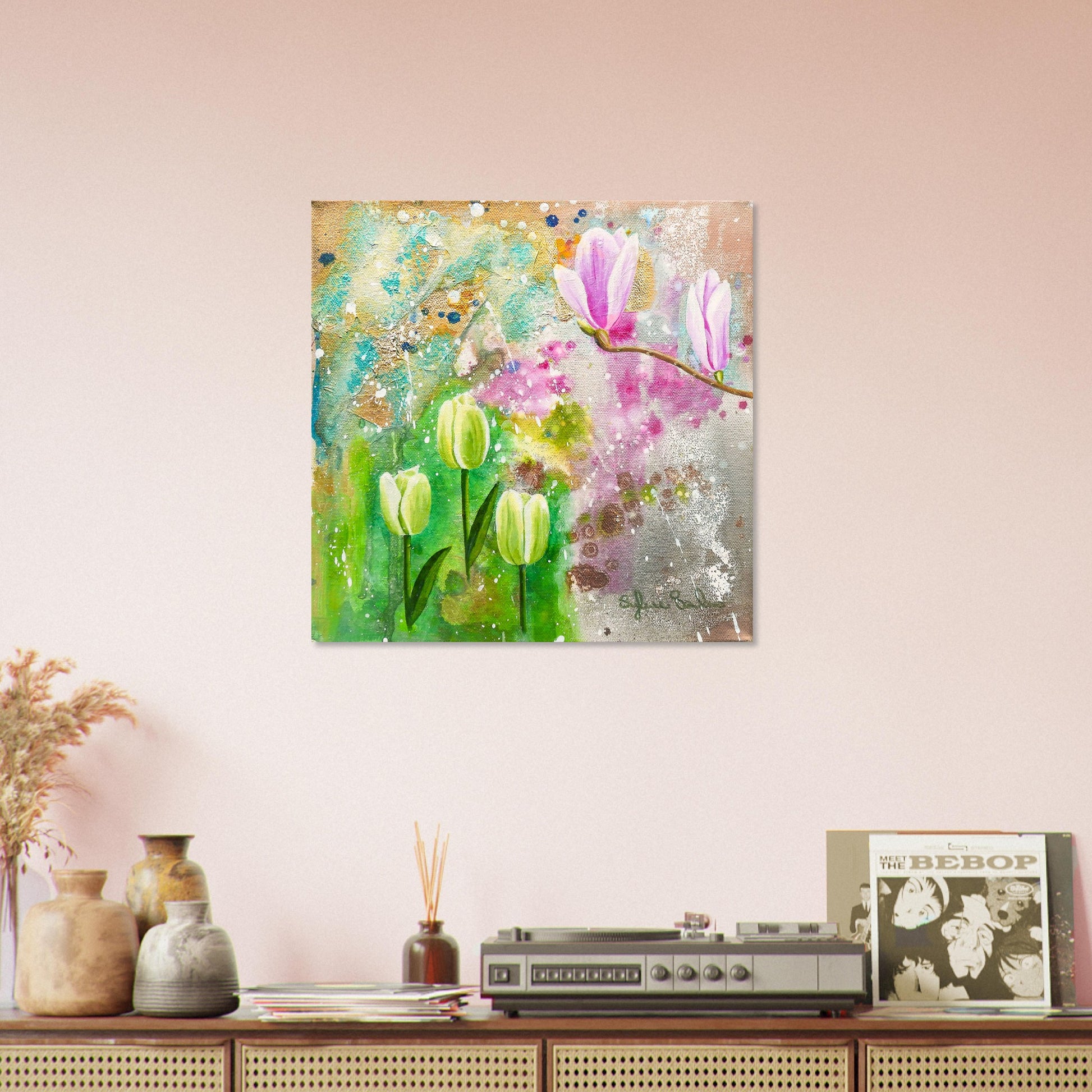 Hanging above the Sideboard Spring Green Tulips Aluminium Print