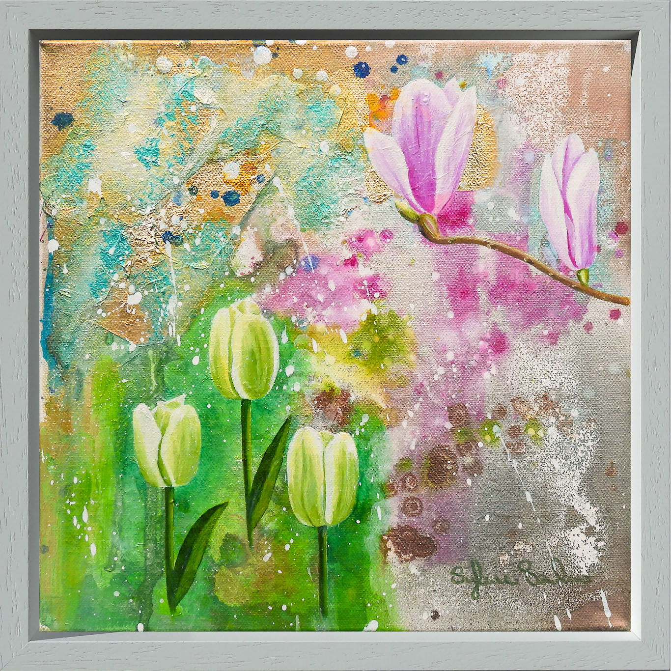 Framed Mixed Media Abstract Floral Painting