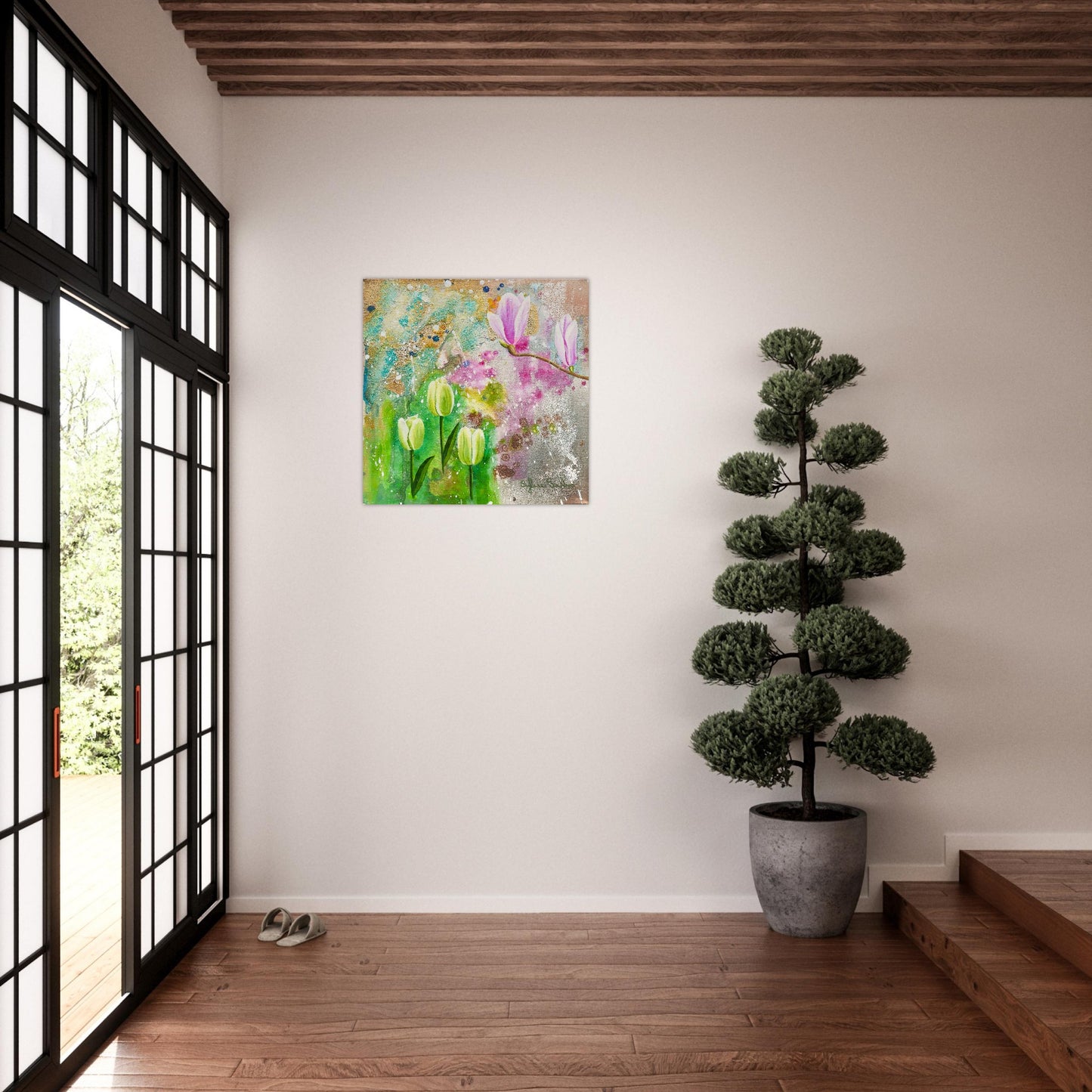 Hanging Aluminium Print Spring Green Tulips