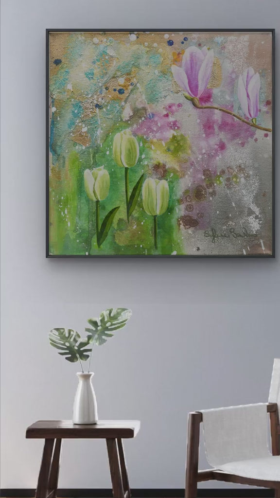 Spring Green Tulips Premium Framed Print hanging on the wall Video